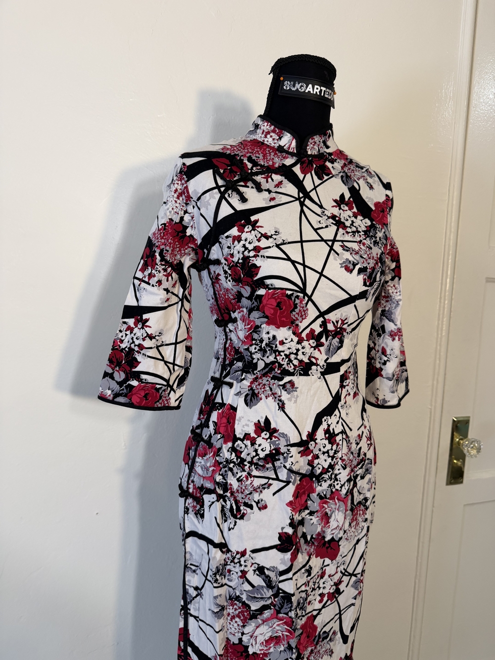 White Floral Cheongsam Dress with Pink Accents